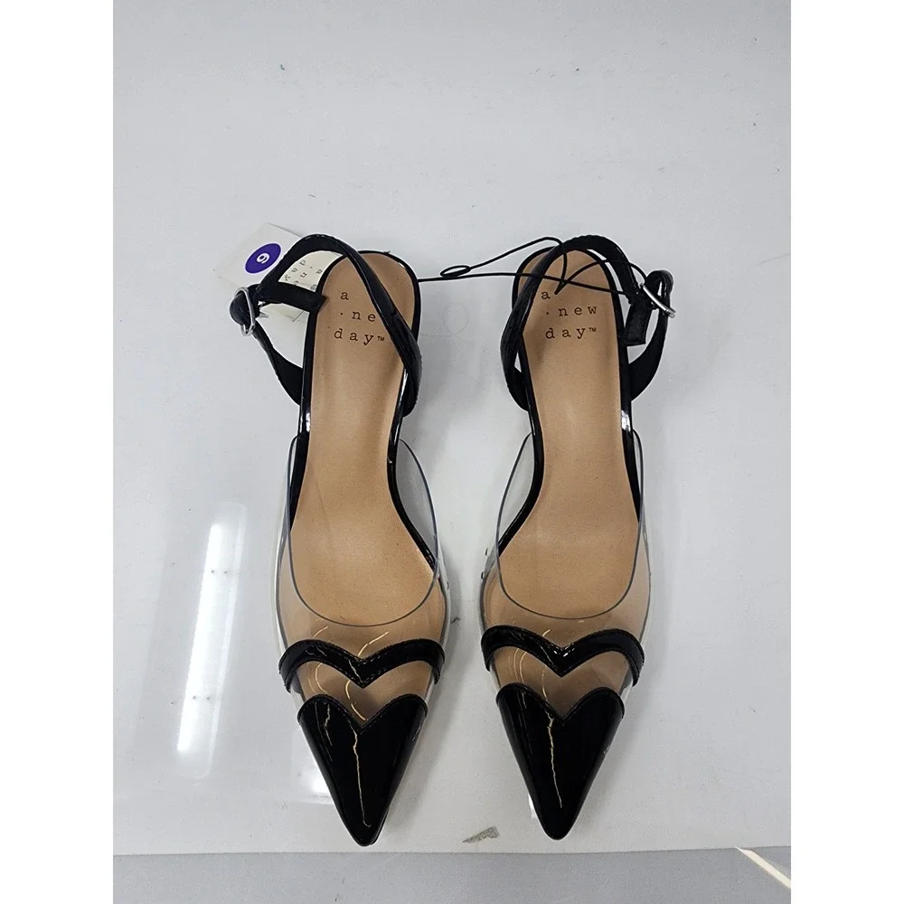 A New Day Womens Slingback Kitten Heel Pumps Black Faux Leather Casual Size 6